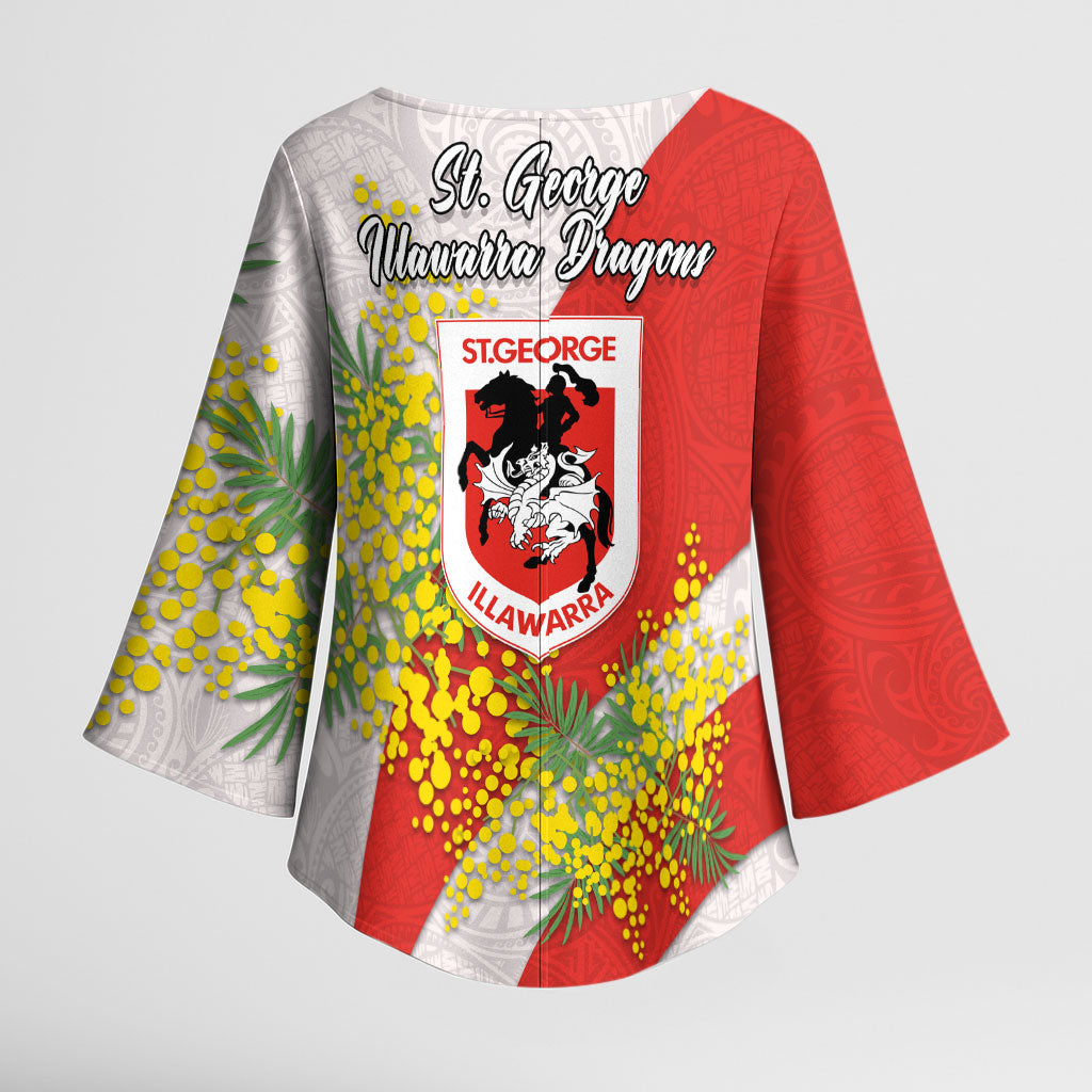 St George Illawarra Dragons Kimono Sleeve Blouse Golden Wattle Floral Polynesian - Australian Flower - Rugby Mascot