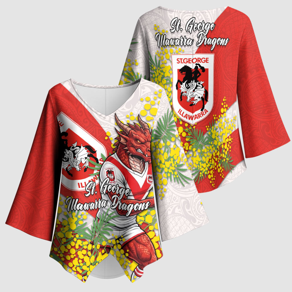 St George Illawarra Dragons Kimono Sleeve Blouse Golden Wattle Floral Polynesian - Australian Flower - Rugby Mascot