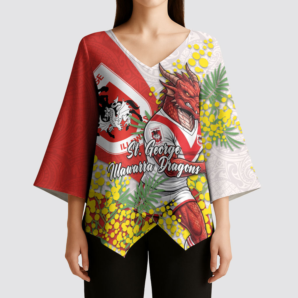 St George Illawarra Dragons Kimono Sleeve Blouse Golden Wattle Floral Polynesian - Australian Flower - Rugby Mascot
