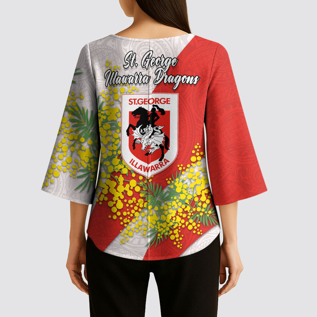 St George Illawarra Dragons Kimono Sleeve Blouse Golden Wattle Floral Polynesian - Australian Flower - Rugby Mascot