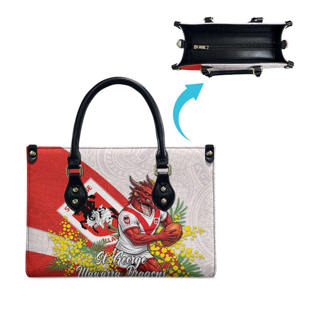 St George Illawarra Dragons Leather Bag Golden Wattle Floral Polynesian - Australian Flower - Rugby Mascot
