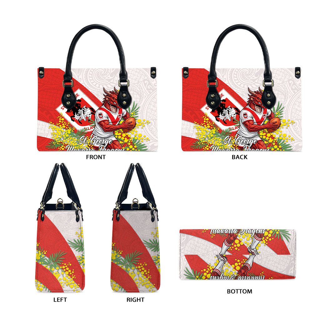 St George Illawarra Dragons Leather Bag Golden Wattle Floral Polynesian - Australian Flower - Rugby Mascot