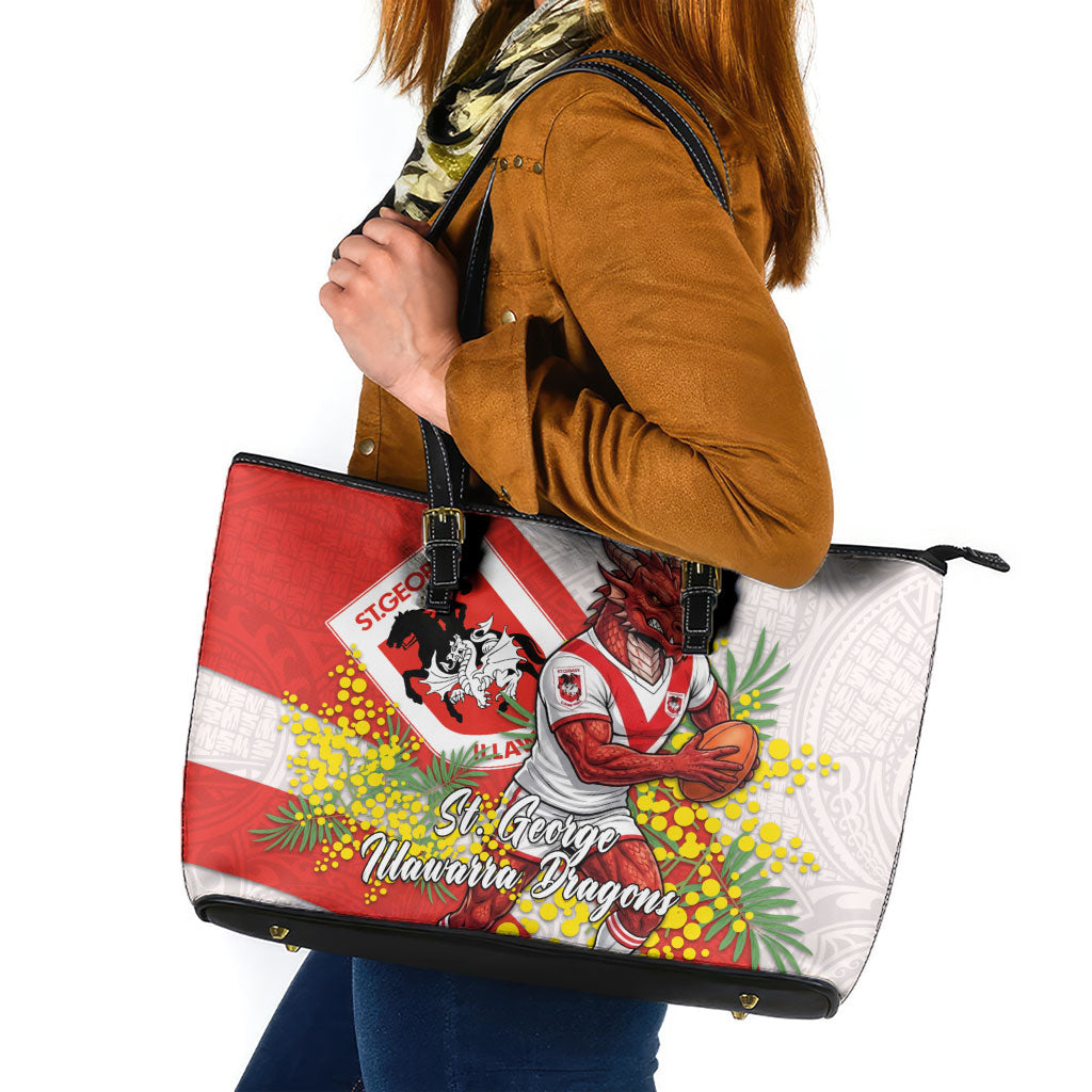 St George Illawarra Dragons Leather Tote Bag Golden Wattle Floral Polynesian - Australian Flower - Rugby Mascot