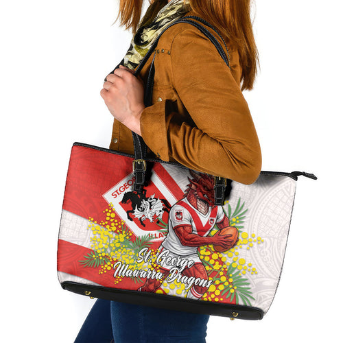 St George Illawarra Dragons Leather Tote Bag Golden Wattle Floral Polynesian - Australian Flower - Rugby Mascot