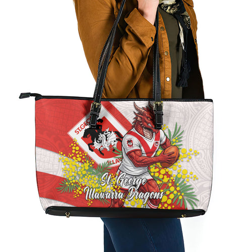 St George Illawarra Dragons Leather Tote Bag Golden Wattle Floral Polynesian - Australian Flower - Rugby Mascot