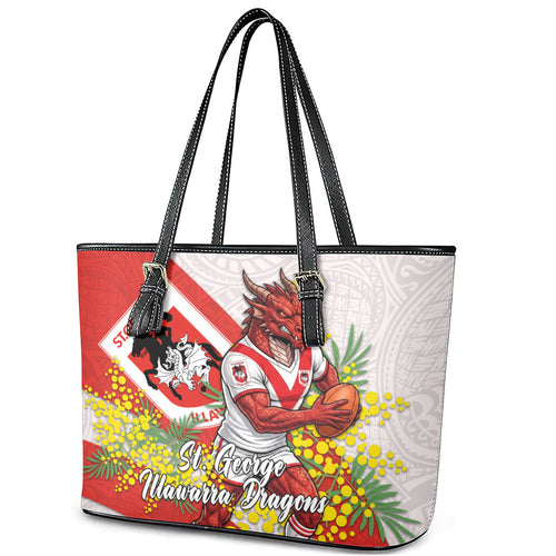 St George Illawarra Dragons Leather Tote Bag Golden Wattle Floral Polynesian - Australian Flower - Rugby Mascot