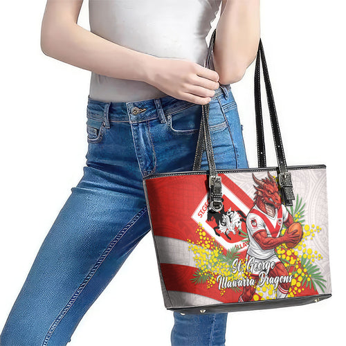 St George Illawarra Dragons Leather Tote Bag Golden Wattle Floral Polynesian - Australian Flower - Rugby Mascot
