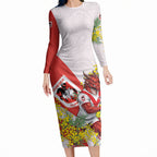 St George Illawarra Dragons Long Sleeve Bodycon Dress Golden Wattle Floral Polynesian - Australian Flower - Rugby Mascot