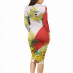 St George Illawarra Dragons Long Sleeve Bodycon Dress Golden Wattle Floral Polynesian - Australian Flower - Rugby Mascot