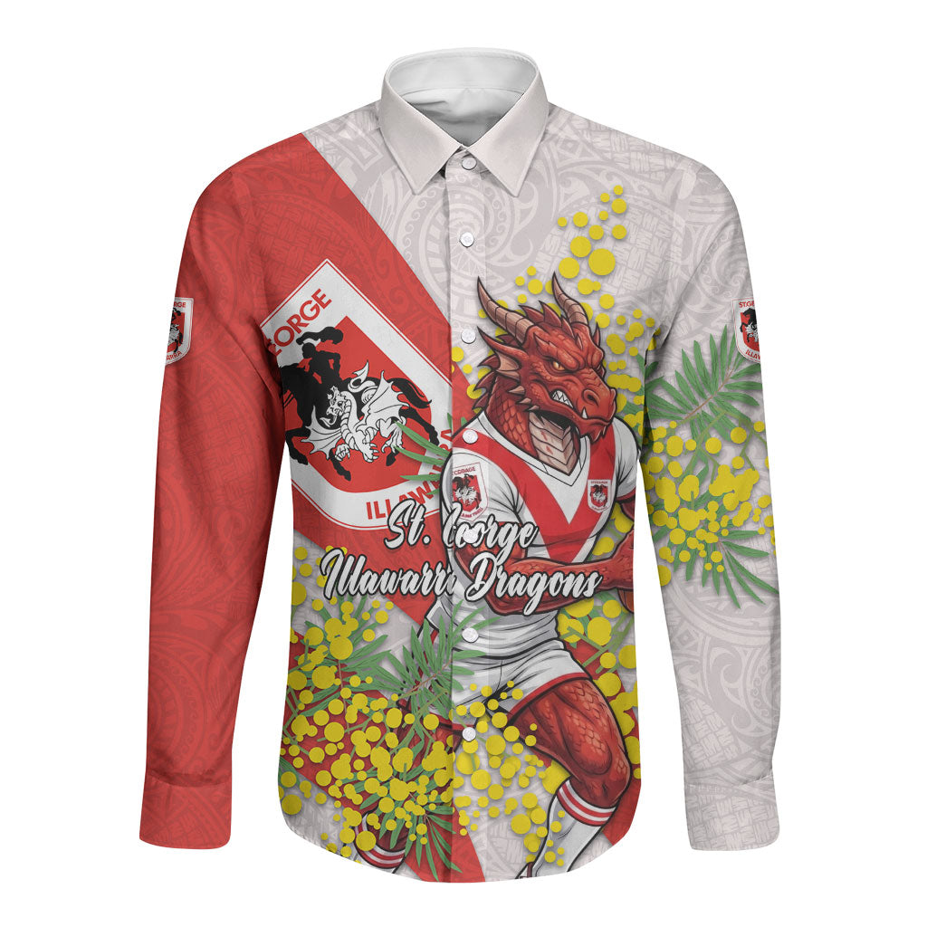 St George Illawarra Dragons Long Sleeve Button Shirt Golden Wattle Floral Polynesian - Australian Flower - Rugby Mascot