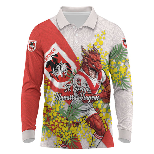 St George Illawarra Dragons Long Sleeve Polo Shirt Golden Wattle Floral Polynesian - Australian Flower - Rugby Mascot