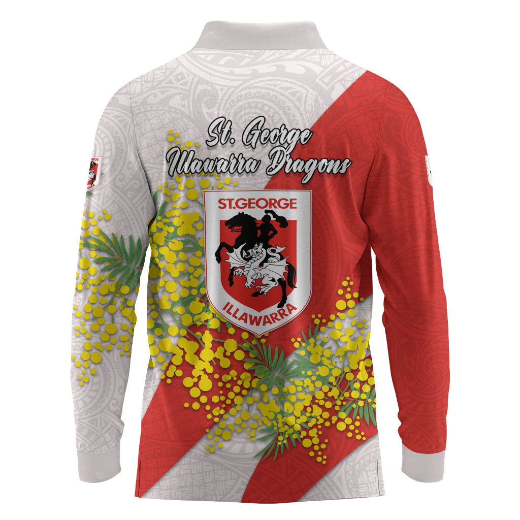 St George Illawarra Dragons Long Sleeve Polo Shirt Golden Wattle Floral Polynesian - Australian Flower - Rugby Mascot