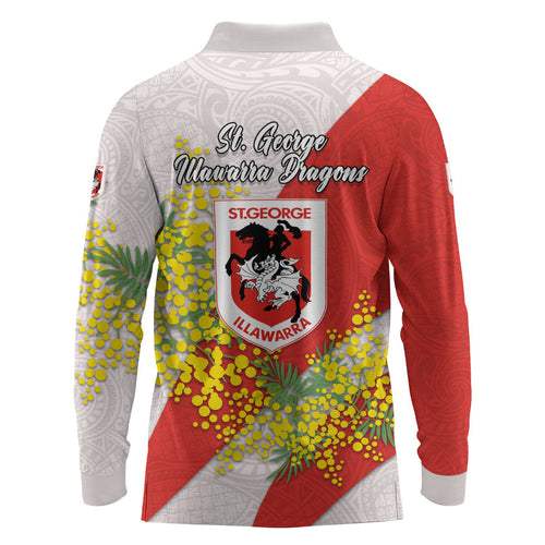 St George Illawarra Dragons Long Sleeve Polo Shirt Golden Wattle Floral Polynesian - Australian Flower - Rugby Mascot