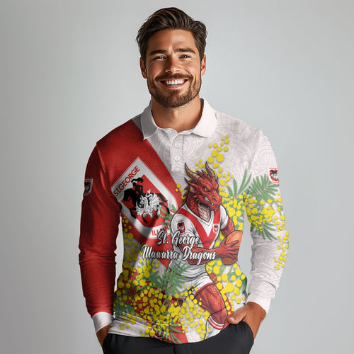 St George Illawarra Dragons Long Sleeve Polo Shirt Golden Wattle Floral Polynesian - Australian Flower - Rugby Mascot