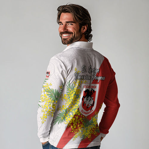 St George Illawarra Dragons Long Sleeve Polo Shirt Golden Wattle Floral Polynesian - Australian Flower - Rugby Mascot
