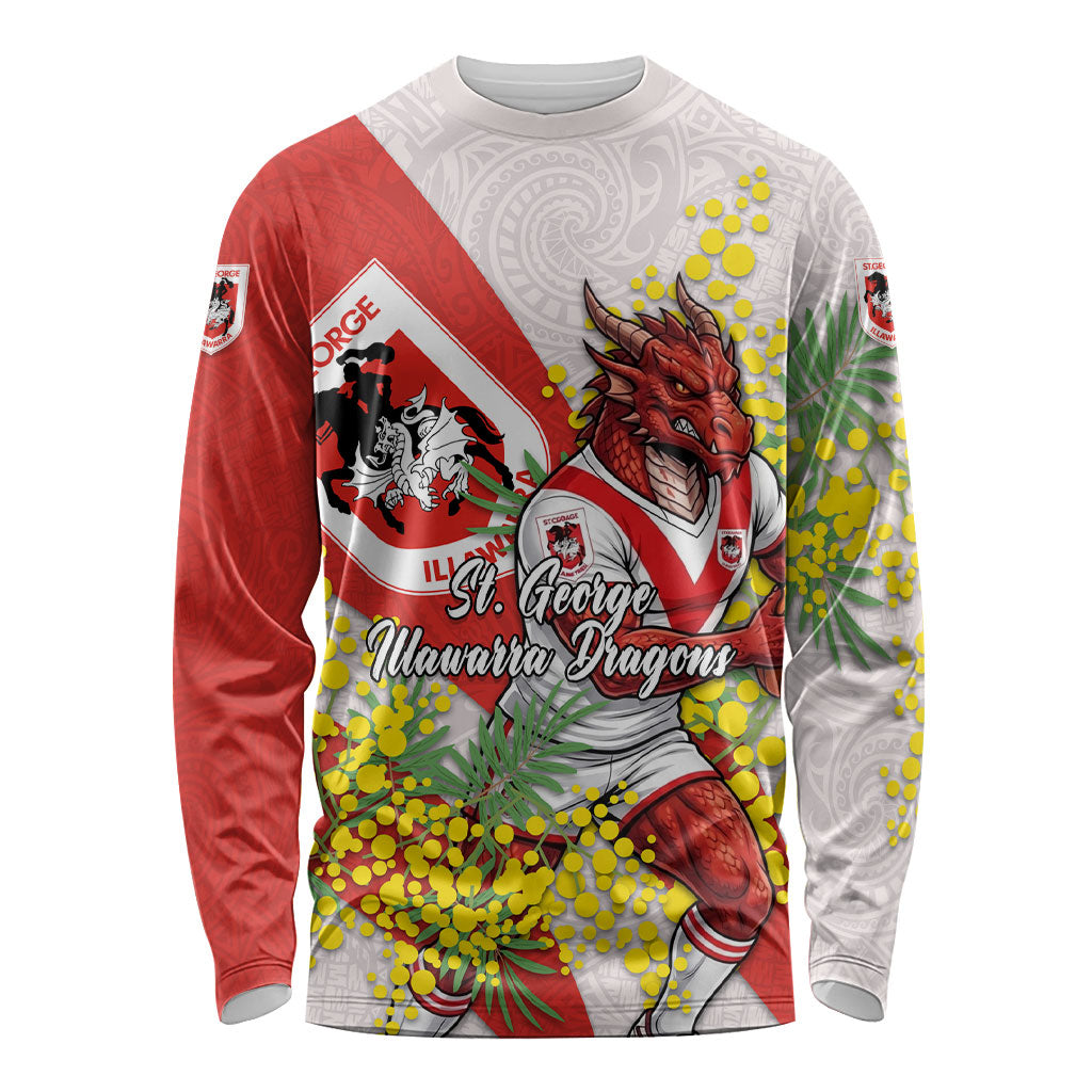 St George Illawarra Dragons Long Sleeve Shirt Golden Wattle Floral Polynesian - Australian Flower - Rugby Mascot