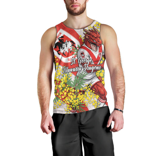 St George Illawarra Dragons Men Tank Top Golden Wattle Floral Polynesian - Australian Flower - Rugby Mascot