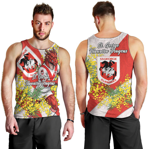 St George Illawarra Dragons Men Tank Top Golden Wattle Floral Polynesian - Australian Flower - Rugby Mascot