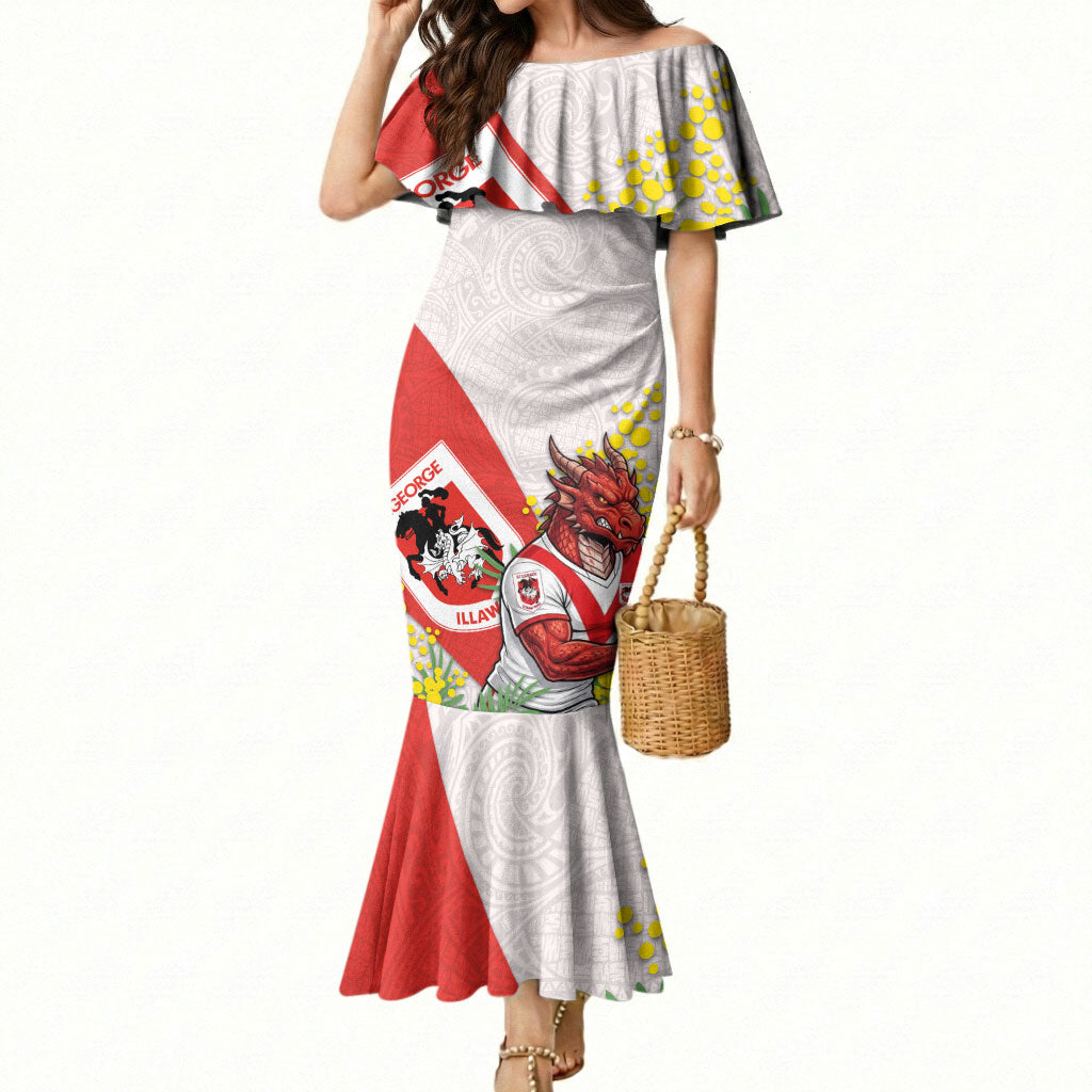St George Illawarra Dragons Mermaid Dress Golden Wattle Floral Polynesian - Australian Flower - Rugby Mascot