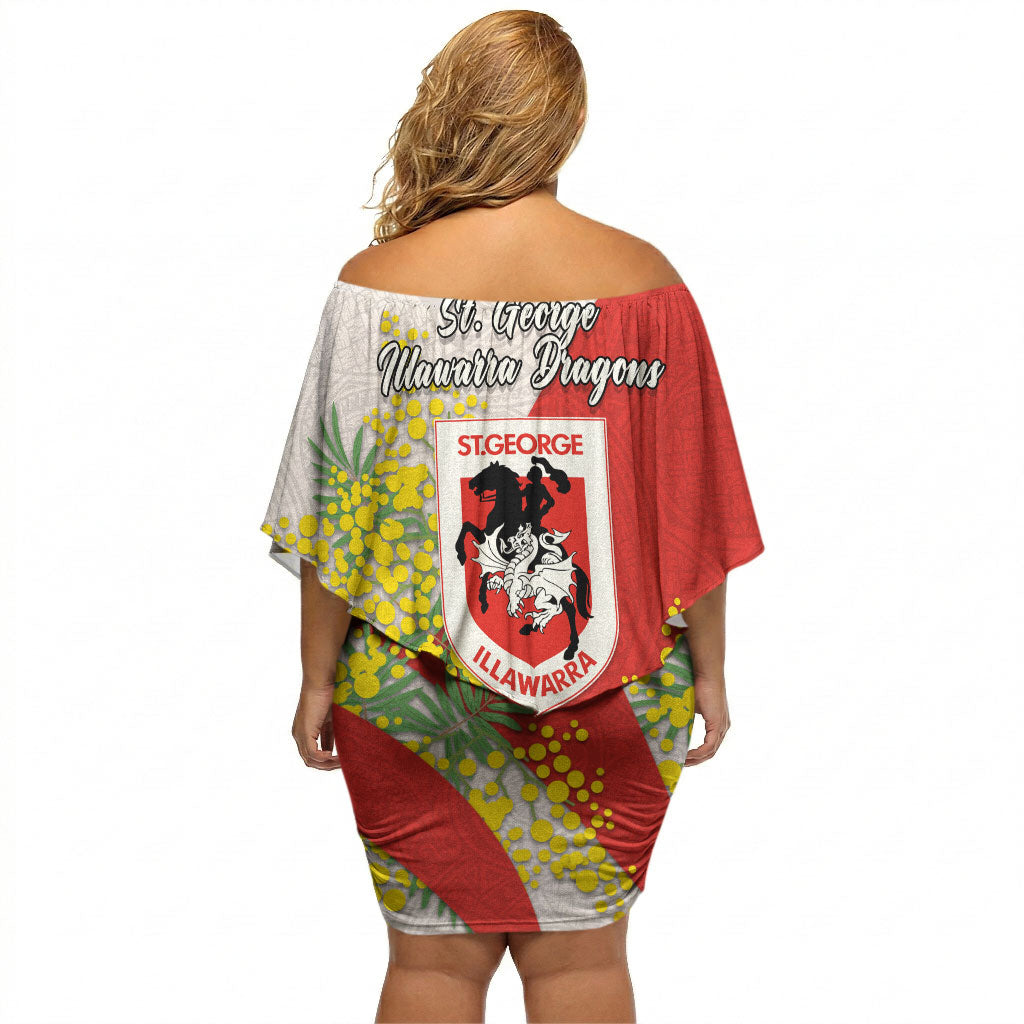 St George Illawarra Dragons Off Shoulder Short Dress Golden Wattle Floral Polynesian - Australian Flower - Rugby Mascot