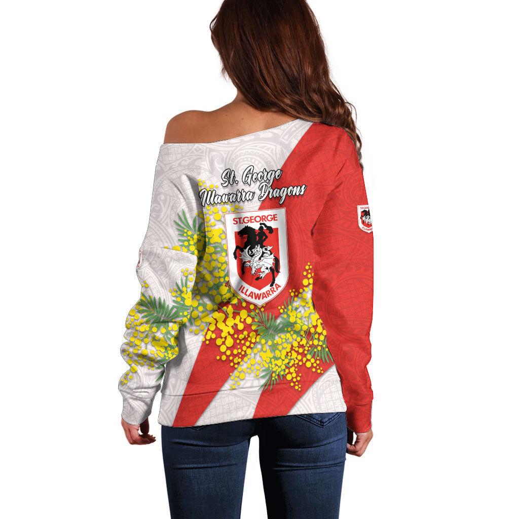St George Illawarra Dragons Off Shoulder Sweater Golden Wattle Floral Polynesian - Australian Flower - Rugby Mascot