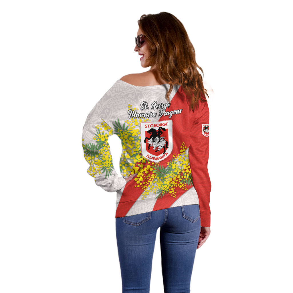 St George Illawarra Dragons Off Shoulder Sweater Golden Wattle Floral Polynesian - Australian Flower - Rugby Mascot