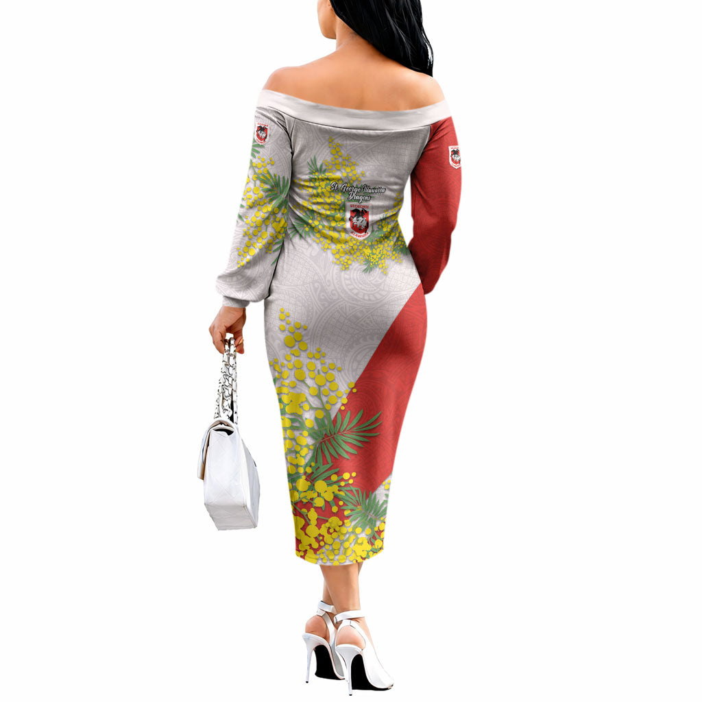 St George Illawarra Dragons Off The Shoulder Long Sleeve Dress Golden Wattle Floral Polynesian - Australian Flower - Rugby Mascot