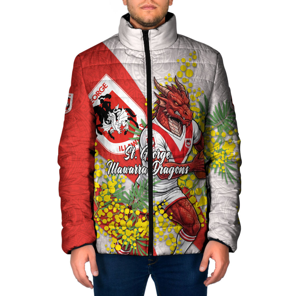 St George Illawarra Dragons Padded Jacket Golden Wattle Floral Polynesian - Australian Flower - Rugby Mascot