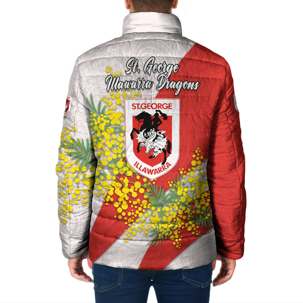 St George Illawarra Dragons Padded Jacket Golden Wattle Floral Polynesian - Australian Flower - Rugby Mascot