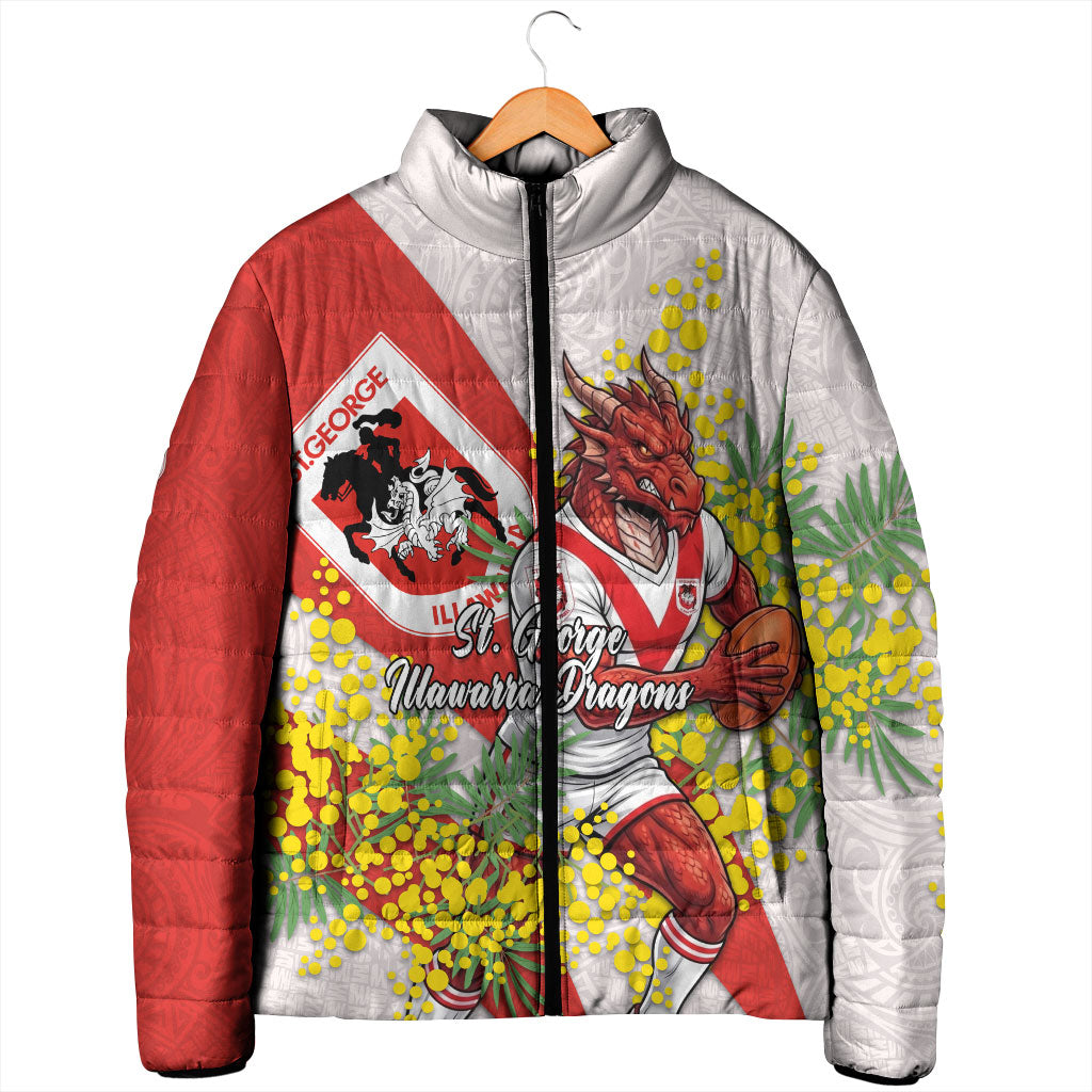 St George Illawarra Dragons Padded Jacket Golden Wattle Floral Polynesian - Australian Flower - Rugby Mascot