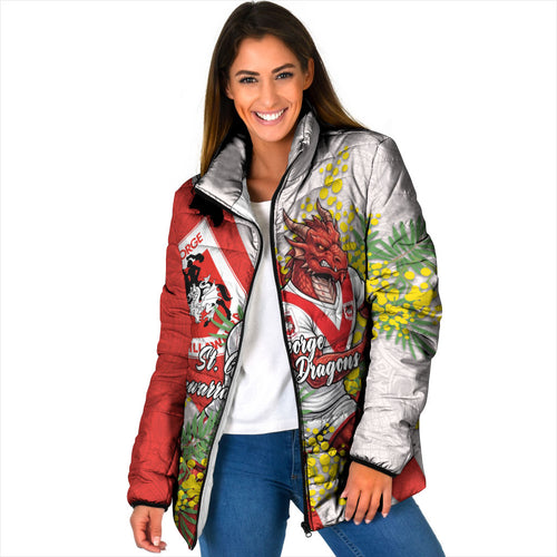 St George Illawarra Dragons Padded Jacket Golden Wattle Floral Polynesian - Australian Flower - Rugby Mascot