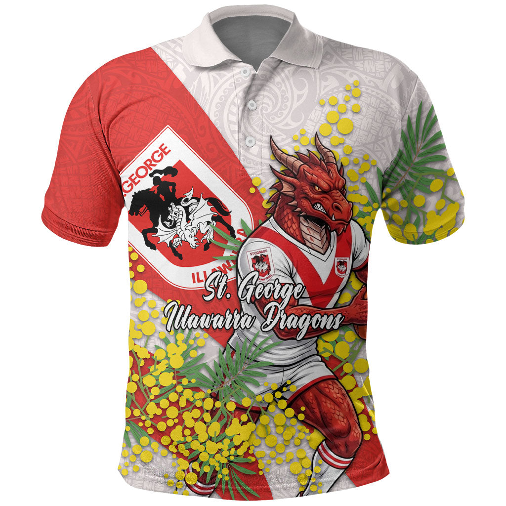 St George Illawarra Dragons Polo Shirt Golden Wattle Floral Polynesian - Australian Flower - Rugby Mascot