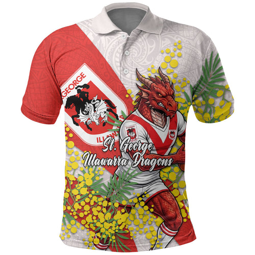 St George Illawarra Dragons Polo Shirt Golden Wattle Floral Polynesian - Australian Flower - Rugby Mascot
