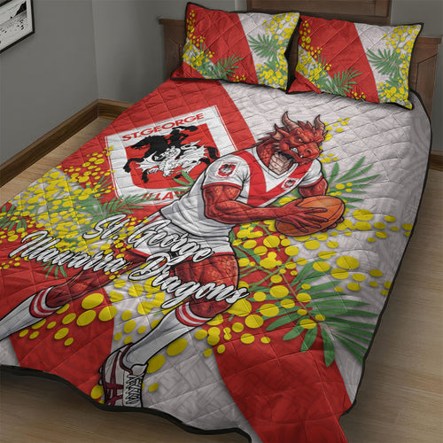 St George Illawarra Dragons Quilt Bed Set Golden Wattle Floral Polynesian - Australian Flower - Rugby Mascot