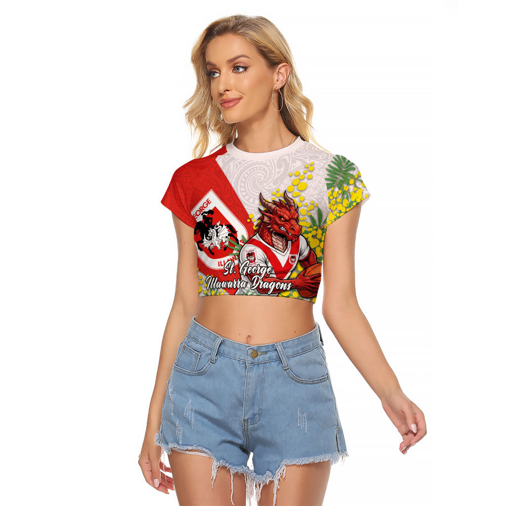 St George Illawarra Dragons Raglan Cropped T Shirt Golden Wattle Floral Polynesian - Australian Flower - Rugby Mascot