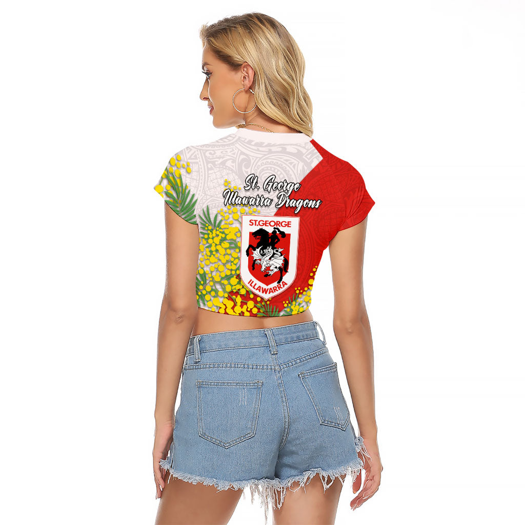 St George Illawarra Dragons Raglan Cropped T Shirt Golden Wattle Floral Polynesian - Australian Flower - Rugby Mascot