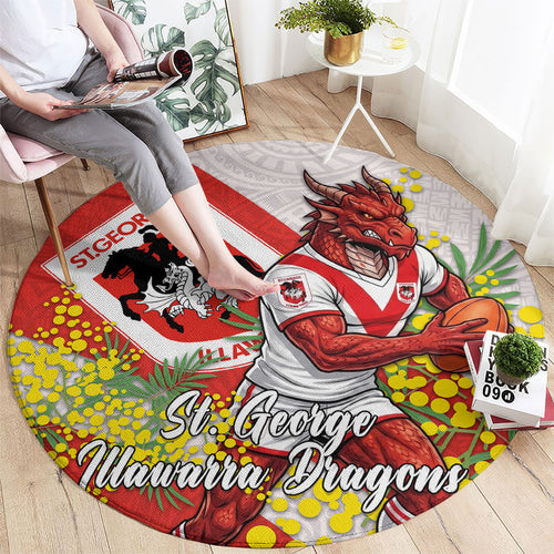 St George Illawarra Dragons Round Carpet Golden Wattle Floral Polynesian - Australian Flower - Rugby Mascot