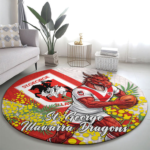 St George Illawarra Dragons Round Carpet Golden Wattle Floral Polynesian - Australian Flower - Rugby Mascot