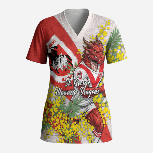 St George Illawarra Dragons Scrub Top Golden Wattle Floral Polynesian - Australian Flower - Rugby Mascot