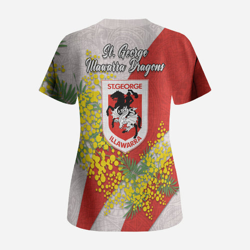 St George Illawarra Dragons Scrub Top Golden Wattle Floral Polynesian - Australian Flower - Rugby Mascot