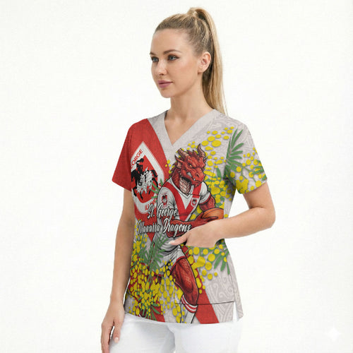 St George Illawarra Dragons Scrub Top Golden Wattle Floral Polynesian - Australian Flower - Rugby Mascot