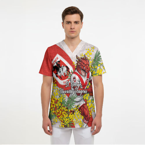St George Illawarra Dragons Scrub Top Golden Wattle Floral Polynesian - Australian Flower - Rugby Mascot