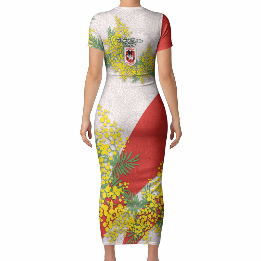 St George Illawarra Dragons Short Sleeve Bodycon Dress Golden Wattle Floral Polynesian - Australian Flower - Rugby Mascot