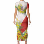 St George Illawarra Dragons Short Sleeve Bodycon Dress Golden Wattle Floral Polynesian - Australian Flower - Rugby Mascot