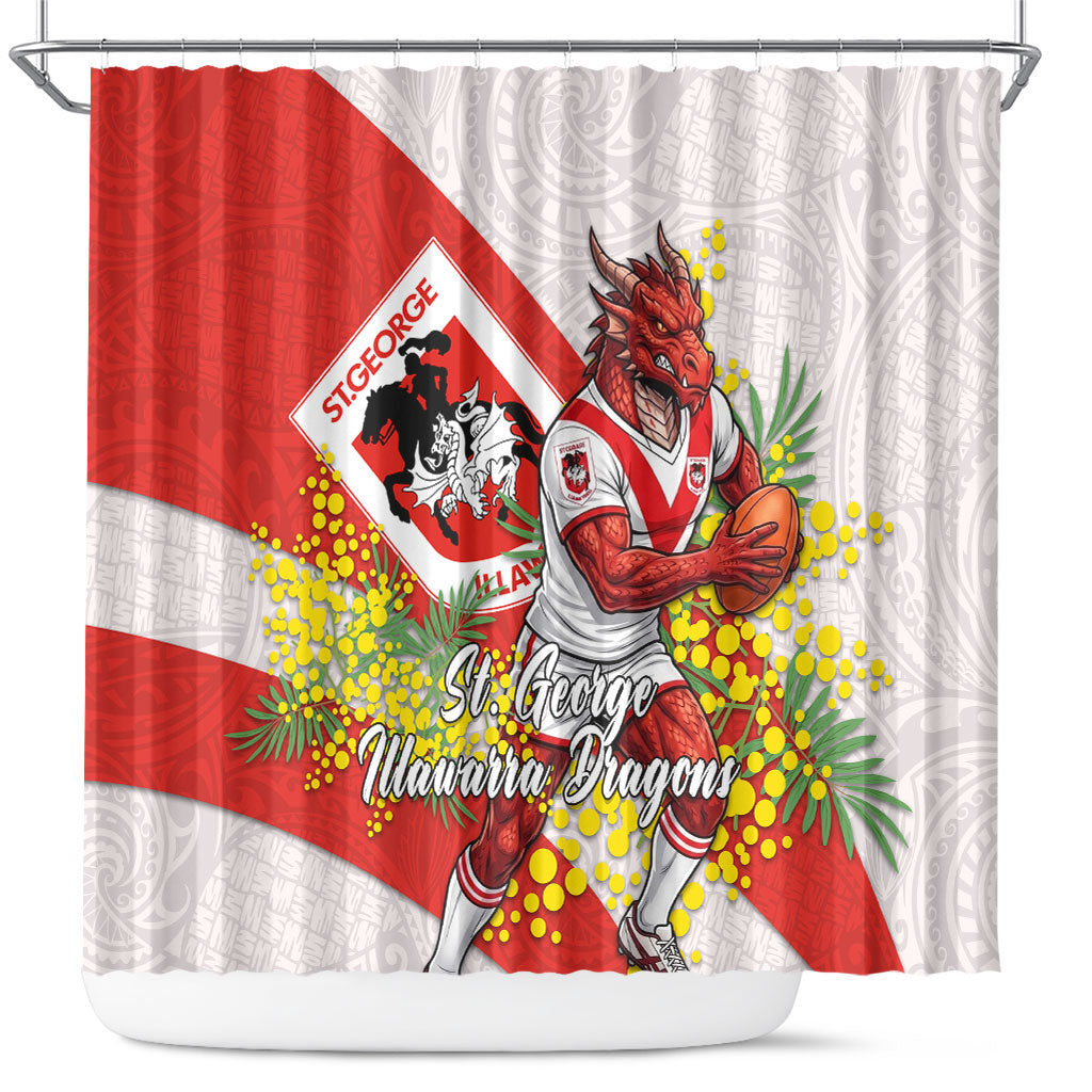 St George Illawarra Dragons Shower Curtain Golden Wattle Floral Polynesian - Australian Flower - Rugby Mascot