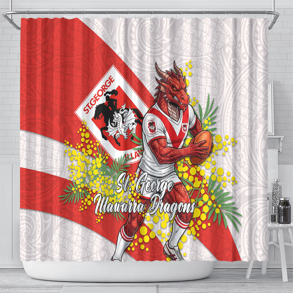 St George Illawarra Dragons Shower Curtain Golden Wattle Floral Polynesian - Australian Flower - Rugby Mascot
