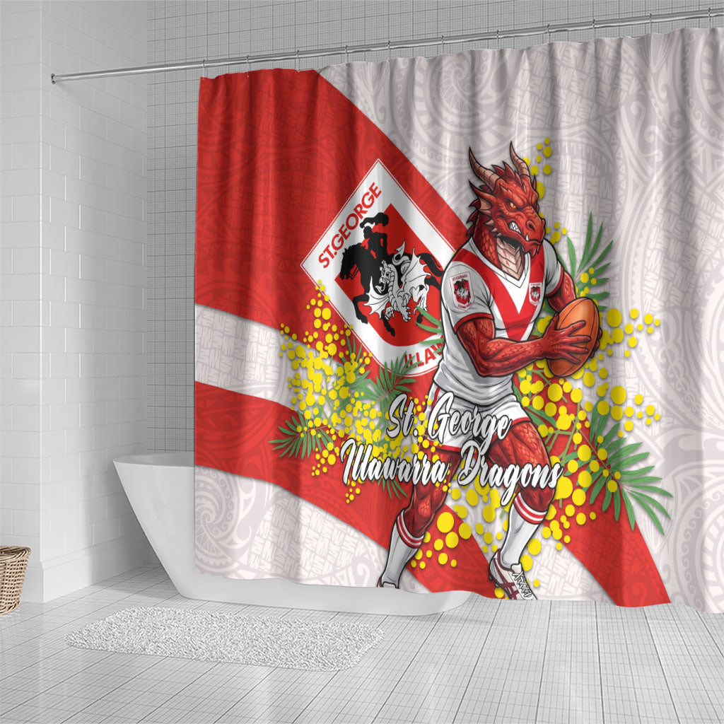 St George Illawarra Dragons Shower Curtain Golden Wattle Floral Polynesian - Australian Flower - Rugby Mascot