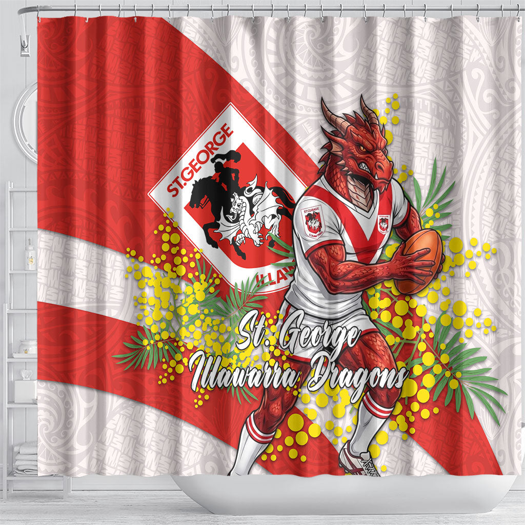 St George Illawarra Dragons Shower Curtain Golden Wattle Floral Polynesian - Australian Flower - Rugby Mascot