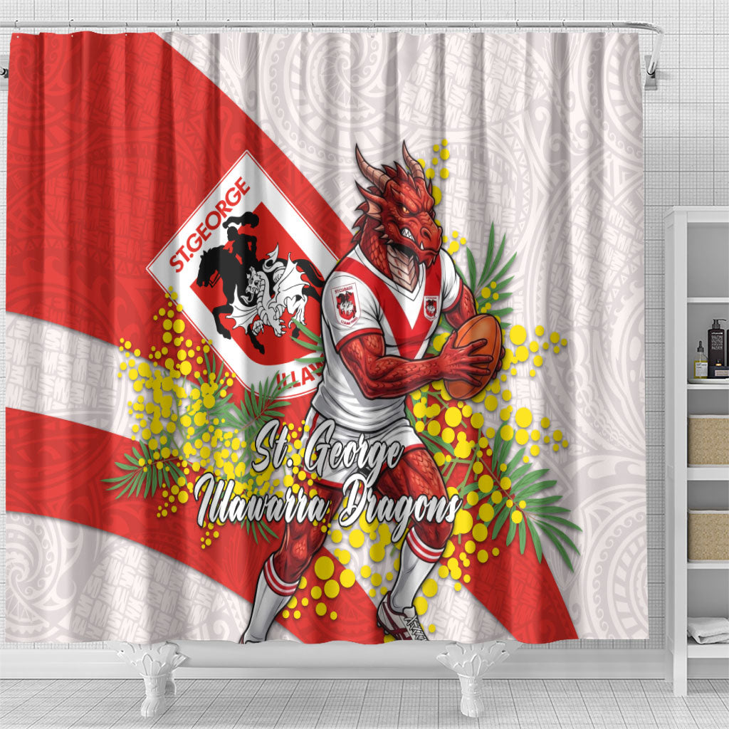 St George Illawarra Dragons Shower Curtain Golden Wattle Floral Polynesian - Australian Flower - Rugby Mascot
