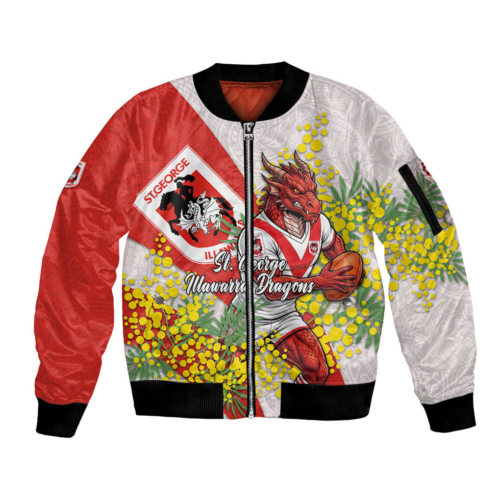 St George Illawarra Dragons Sleeve Zip Bomber Jacket Golden Wattle Floral Polynesian - Australian Flower - Rugby Mascot